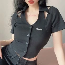 Unzzy Black Hollow V-Neck Short Sleeves KF50084