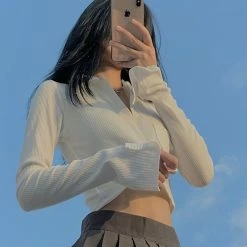 Unzzy Solid Color Polo Collar Knitted Top KF200031 HOT SALE