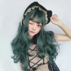 Unzzy HOT SALE Dark Green Long Roll Wig KF9494