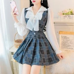 Unzzy Chic Check Pleated Skirt Two Piece KF81120 HOT SALE