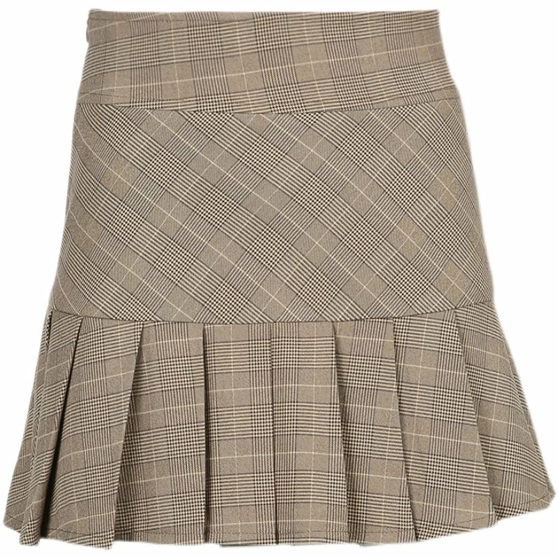 Unzzy Khaki Check Pleated Skirt KF90778 HOT SALE 5 Unzzy Khaki Check Pleated Skirt KF90778 HOT SALE