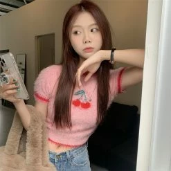 Unzzy Cherry Soft Waxy Knitted Blouse KF82573