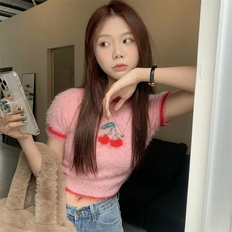 Unzzy Cherry Soft Waxy Knitted Blouse KF82573 1 Unzzy Cherry Soft Waxy Knitted Blouse KF82573