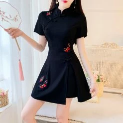 Unzzy HOT SALE Solid Color Cheongsam + Shorts Two-piece Set KF24031
