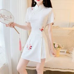 Unzzy HOT SALE Solid Color Cheongsam + Shorts Two-piece Set KF24031