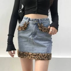 Unzzy Denim Leopard Print Velvet Skirt KF81716