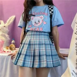 Unzzy HOT SALE Blue Plaid Pleated Skirt KF90728