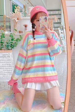 Unzzy Tops Rainbow Striped Sweater KF30392