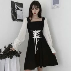 Unzzy Lace-up Black Dress KF81975 HOT SALE