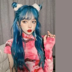 Unzzy Blue And Green Long Curly Wig KF81987