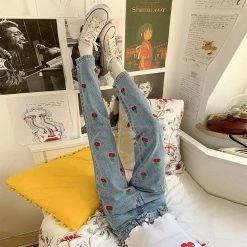 Unzzy Cherry Embroidered Jeans KF82113