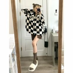 Unzzy Black White Plaid Cardigan Sweater KF82606 HOT SALE