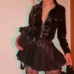 Unzzy Black Leather Pleated Skirt KF81248 HOT SALE