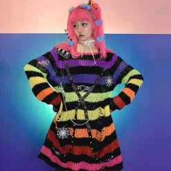 Unzzy Punk Long-sleeved Ripped Striped Sweater KF82339