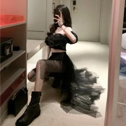 Unzzy HOT SALE Plaid Tube Top + Mesh Skirt KF81380