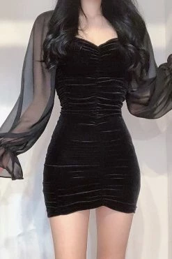 Unzzy HOT SALE Black Puff Sleeve Dress KF9519