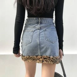 Unzzy Denim Leopard Print Velvet Skirt KF81716