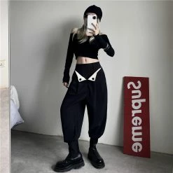 Unzzy HOT SALE Black Casual High Waist Trousers KF82635