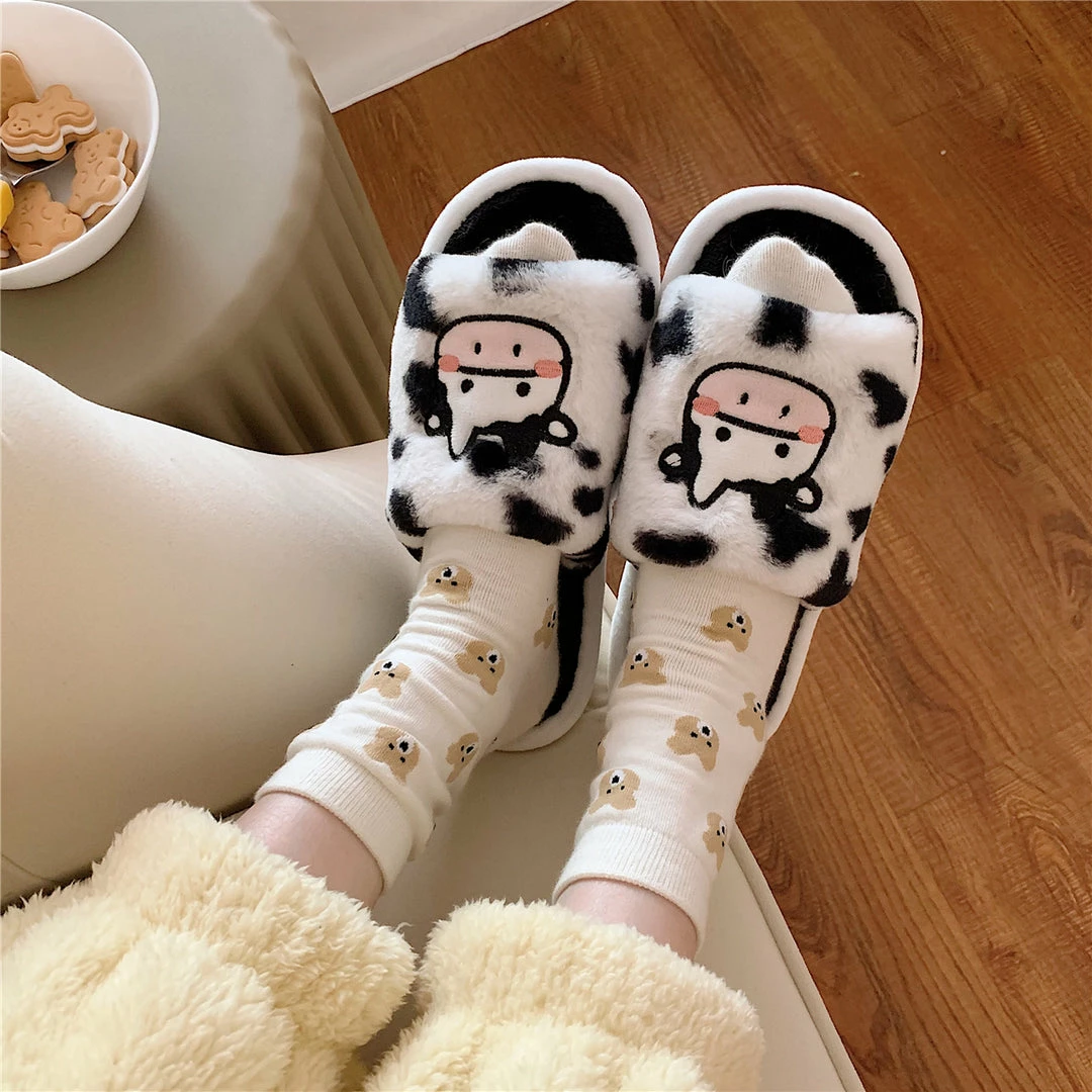Unzzy HOT SALE Cute Cartoon Cow Plush Slippers KF82269 4 Unzzy HOT SALE Cute Cartoon Cow Plush Slippers KF82269