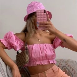 Unzzy HOT SALE Pink One-shoulder Top KF82049