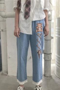 Unzzy HOT SALE Bear Embroidered Pants KF81006