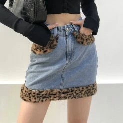 Unzzy Denim Leopard Print Velvet Skirt KF81716