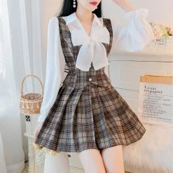 Unzzy Chic Check Pleated Skirt Two Piece KF81120 HOT SALE