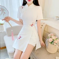 Unzzy HOT SALE Solid Color Cheongsam + Shorts Two-piece Set KF24031