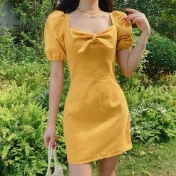 Unzzy Yellow Square Neck Dress KF90705