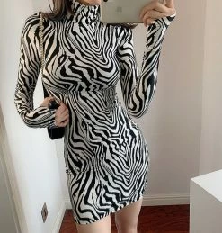 Unzzy High Collar Zebra Dress KF81619