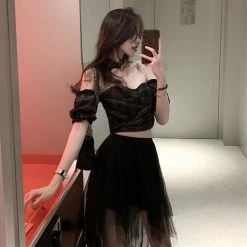 Unzzy HOT SALE Plaid Tube Top + Mesh Skirt KF81380 8 Unzzy HOT SALE Plaid Tube Top + Mesh Skirt KF81380