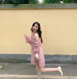 Unzzy HOT SALE Pink Chiffon Suspender Dress KF2357