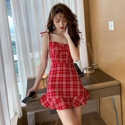 Unzzy Red Plaid Suspender Skirt KF50004 HOT SALE