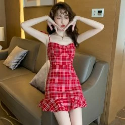 Unzzy Red Plaid Suspender Skirt KF50004 HOT SALE 8 Unzzy Red Plaid Suspender Skirt KF50004 HOT SALE