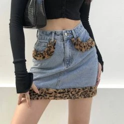 Unzzy Denim Leopard Print Velvet Skirt KF81716
