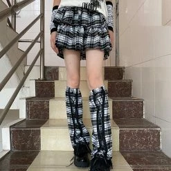 Unzzy HOT SALE Punk Plaid Pleated Skirt + Leg Covers KF82626 6 Unzzy HOT SALE Punk Plaid Pleated Skirt + Leg Covers KF82626