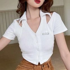 Unzzy Black Hollow V-Neck Short Sleeves KF50084