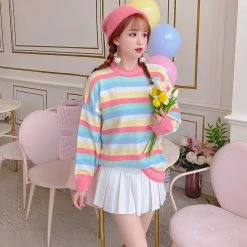 Unzzy Tops Rainbow Striped Sweater KF30392