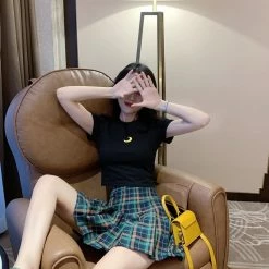 Unzzy HOT SALE Embroidered T-shirt + Plaid Pleated Skirt KF90649