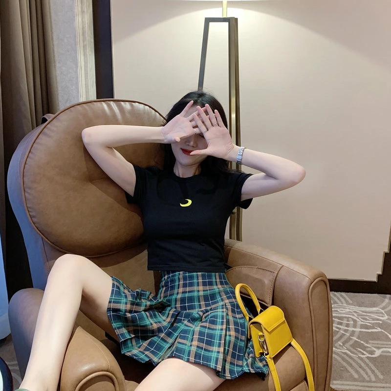 Unzzy HOT SALE Embroidered T-shirt + Plaid Pleated Skirt KF90649 2 Unzzy HOT SALE Embroidered T-shirt + Plaid Pleated Skirt KF90649