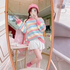Unzzy Tops Rainbow Striped Sweater KF30392