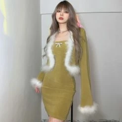 Unzzy Fur Collar Coat + Dress 2-piece Set KF82484