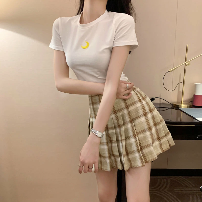Unzzy HOT SALE Embroidered T-shirt + Plaid Pleated Skirt KF90649 5 Unzzy HOT SALE Embroidered T-shirt + Plaid Pleated Skirt KF90649
