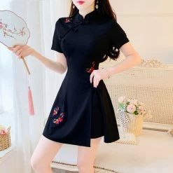 Unzzy HOT SALE Solid Color Cheongsam + Shorts Two-piece Set KF24031