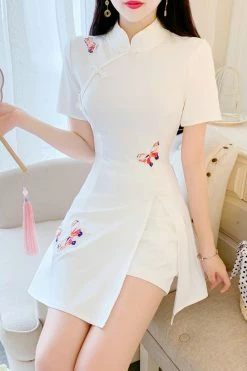 Unzzy HOT SALE Solid Color Cheongsam + Shorts Two-piece Set KF24031