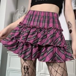 Unzzy HOT SALE Pink Plaid Pleated Skirt KF90689