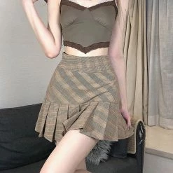 Unzzy Khaki Check Pleated Skirt KF90778 HOT SALE