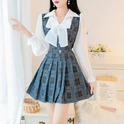 Unzzy Chic Check Pleated Skirt Two Piece KF81120 HOT SALE