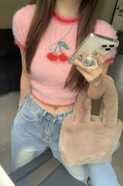 Unzzy Cherry Soft Waxy Knitted Blouse KF82573