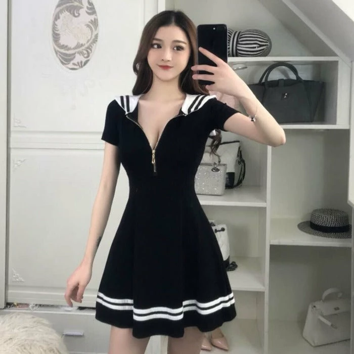 Unzzy Navy Wind Zip Dress KF9146 HOT SALE 3 Unzzy Navy Wind Zip Dress KF9146 HOT SALE